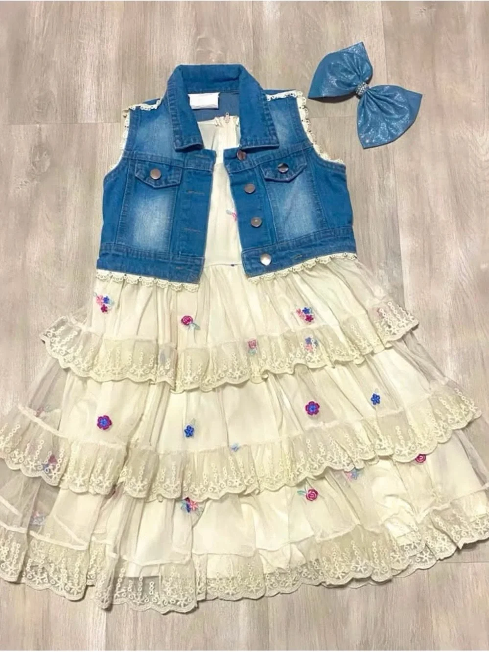 Rare Editions Blue Denim Vest with Cream Tiered Dress
